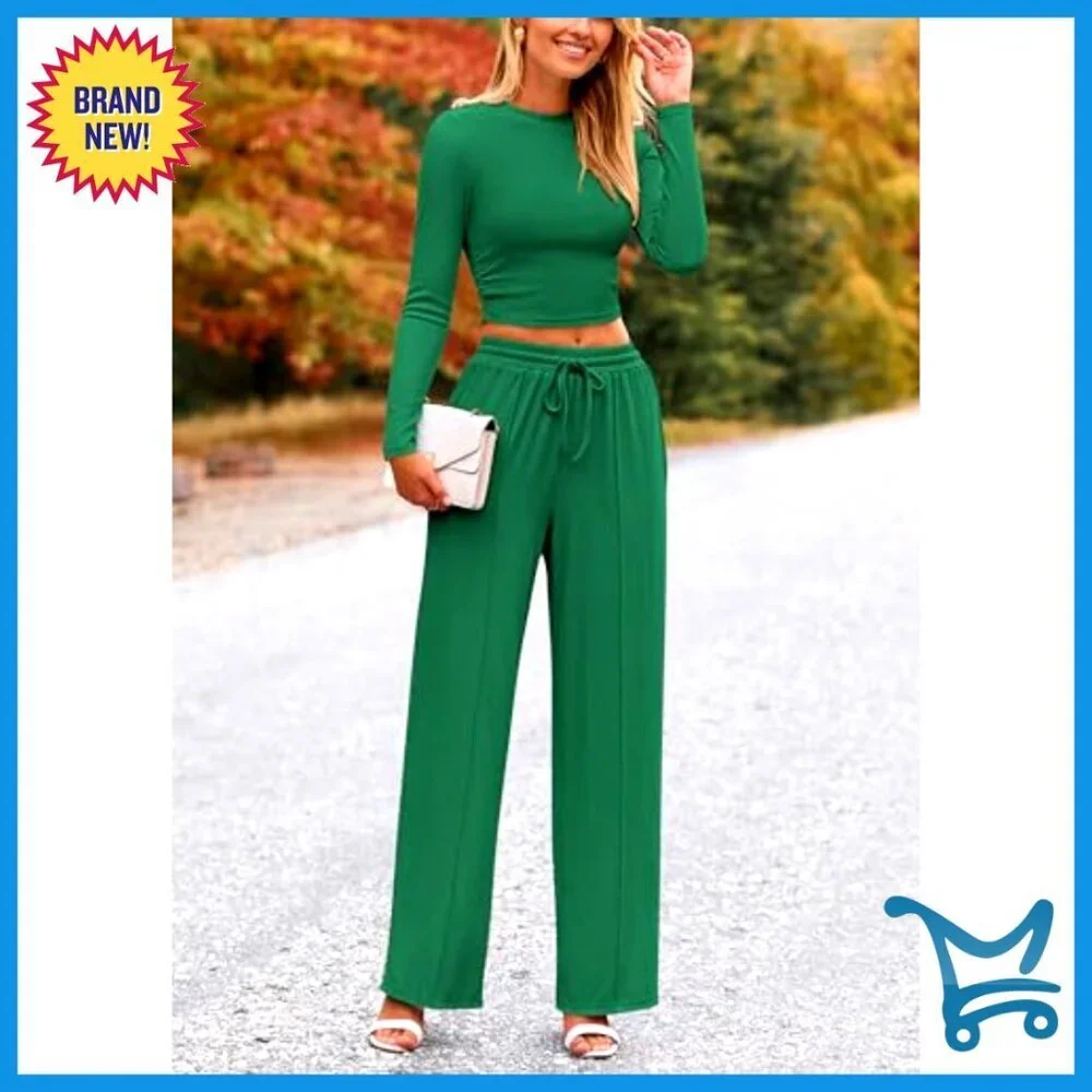 Women's Long Sleeve Crop Top Wide Leg Pants Set Chic Casual Tracksuit